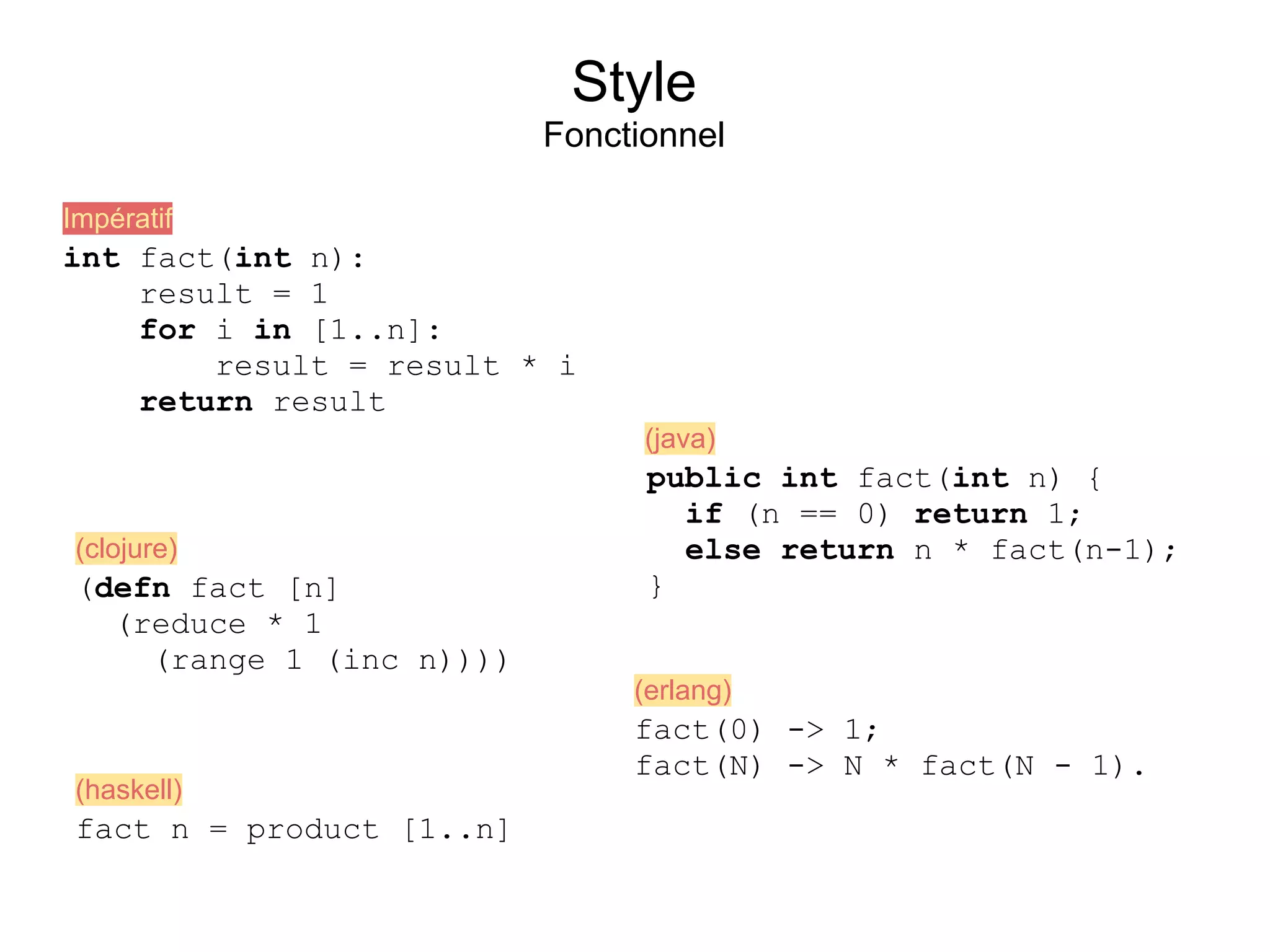 Style
                           Fonctionnel

Impératif
int fact(int n):
    result = 1
    for i in [1..n]:
        result = result * i
    return result
                                 (java)
                                 public int fact(int n) {
                                   if (n == 0) return 1;
 (clojure)                         else return n * fact(n-1);
 (defn fact [n]                  }
   (reduce * 1
     (range 1 (inc n))))
                                (erlang)
                                fact(0) -> 1;
                                fact(N) -> N * fact(N - 1).
 (haskell)
 fact n = product [1..n]
 