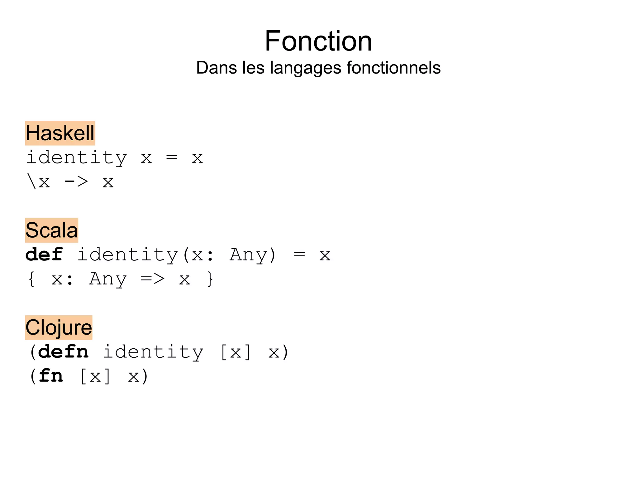 Fonction
             Dans les langages fonctionnels


Haskell
identity x = x
x -> x

Scala
def identity(x: Any) = x
{ x: Any => x }

Clojure
(defn identity [x] x)
(fn [x] x)
 
