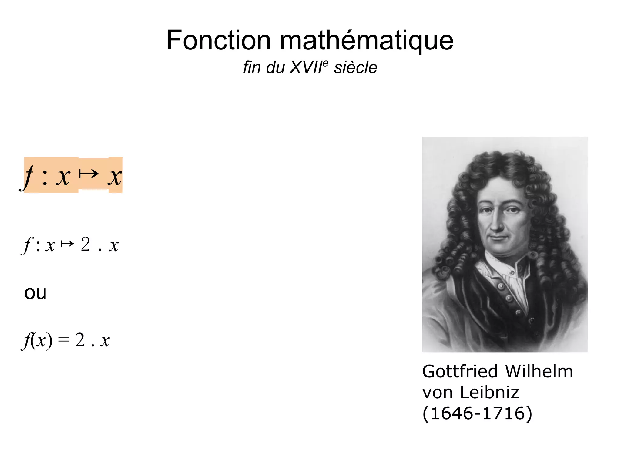 Fonction mathématique
                     fin du XVIIe siècle




f : x ↦ x

f : x ↦ 2 . x

ou

f(x) = 2 . x
                                           Gottfried Wilhelm
                                           von Leibniz
                                           (1646-1716)
 