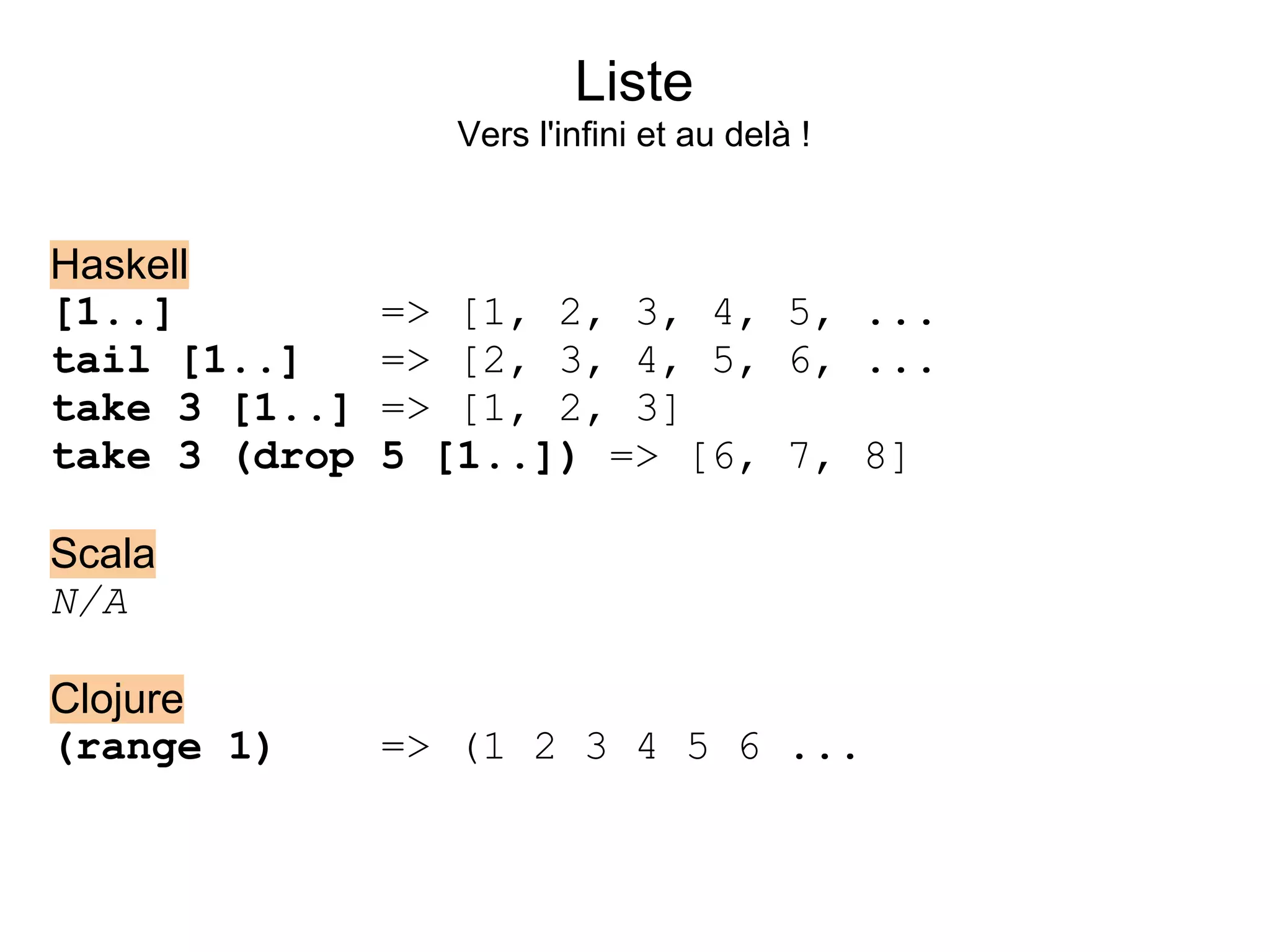 Liste
                  Vers l'infini et au delà !


Haskell
[1..]          => [1, 2, 3, 4, 5, ...
tail [1..]     => [2, 3, 4, 5, 6, ...
take 3 [1..]   => [1, 2, 3]
take 3 (drop   5 [1..]) => [6, 7, 8]

Scala
N/A

Clojure
(range 1)      => (1 2 3 4 5 6 ...
 