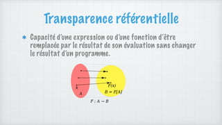 Transparence référentielle
Capacité d’une expression ou d’une fonction d’être
remplacée par le résultat de son évaluation sans changer
le résultat d’un programme.
 