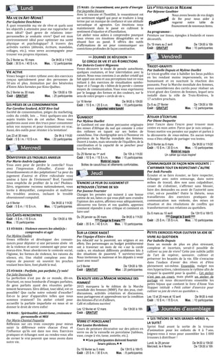 Lundi
MA VIE EN ART-MONIE!
Par Guylaine Deschênes
À quoi ressemble ma vie de rêve et quels sont
les objectifs à atteindre pour me rapprocher de
mon idéal? Quel genre de relations inter-
personnelles je souhaite vivre? Quel est mon
environnement idéal pour optimiser ma santé
physique et psychologique? À travers des
activités variées (détente, écriture, mandalas,
collages, etc.), vous serez accompagnée pour
trouver vos propres réponses.
Du 2 février au 16 mars De 9h30 à 11h30
Coût : 30 $ m. / 40 $ n.m. Max. : 12 participantes
VIE ACTIVE
Venez bouger à votre rythme avec des exercices
conçus spécialement pour des personnes de
50 ans et plus. Animation par des bénévoles
d’Entre Ailes formées par Kino-Québec.
Du 2 février au 30 mars De 13h30 à 15h
Coût : GRATUIT Max. : 25 participantes
LES PIÈGES DE LA CONSOMMATION
Par Caroline Soulard, ACEF Rive-Sud
Société de consommation, pièges du marketing,
coûts du crédit, lois … Voici quelques-uns des
sujets traités lors de cet atelier. Nous vous
guiderons aussi avec des trucs pour consommer
selon vos moyens et pour économiser en vrac.
Aussi, des outils pour résister à la tentation!
Les 23 et 30 mars De 9h à 11h30
Coût : 5 $ / m. / 10 $ n.m. Max. : 20 participantes
Mercredi
DÉMYSTIFIER LES TROUBLES ANXIEUX
Par Marie-Andrée Laplante
Vous avez peur de perdre le contrôle? Vous
avez l’impression d’étouffer, d’avoir des
étourdissements et des palpitations? La peur du
jugement d’autrui et d’être ridiculisée vous
amène à faire de l’évitement? Bref, l’anxiété
vous empêche de profiter de la vie? Phobies-
Zéro, organisme reconnu nationalement, vous
invite à démystifier, comprendre et maîtriser
les troubles anxieux, incluant le trouble
obsessionnel compulsif.
Le 4 février De 9h30 à 11h30
Coût : 5 $ m. / 10 $ n.m. Max. : 12 participantes
LES CAFÉS-RENCONTRES
Coût : 5 $ m. / 10 $ n.m. De 13h30 à 16h
Max. : 15 participantes
11 FÉVRIER : Violence envers les aîné(e)s :
comprendre et agir
Par Mylène Ouellet
Venez réfléchir et développer des connais-
sances pour dépister si une personne aînée vit
de la violence et savoir comment agir pour son
mieux-être. Nous aborderons le contexte social,
l’âgisme, les formes de violence, les raisons du
silence, etc. Une réalité complexe avec des
enjeux de pouvoir où souvent les proches
voulant bien faire, font plutôt le mal.
25 FÉVRIER : Parfaite, pas parfaite, j’y vais!
Par Julie Desroches
La perfection n’est pas de ce monde, dit-on.
Pourtant, on nous bombarde d’images parfaites,
de gens parfaits ayant des réussites parfai-
tement heureuses. Zéro défaut, tout idéal, est-ce
possible? Que cache notre volonté d’exceller?
Est-ce la peur d’apparaître telles que nous
sommes vraiment? Un atelier créatif pour
accueillir la parfaite imparfaite en nous et se
donner le droit de vivre enfin!
18 MARS : Spiritualité, ésotérisme, croissance
personnelle et MOI
Par Marie-Chantal Paquette
Réflexion sur ces trois concepts pour mieux
saisir la différence entre chacun d’eux et
l’influence qu’ils ont dans nos vies. Exercices
pratiques et échanges sont au rendez-vous afin
de cerner le vrai pouvoir que nous avons dans
notre vie.
25 MARS : Le ressentiment, une perte d’énergie
Par Jacynthe Dicaire
Avec la rancune et l’hostilité, le ressentiment est
un sentiment négatif qui peut se traduire à long
terme par un manque de confiance et une attitude
sarcastique et agressive. Ces émotions nous
maintiennent dans le passé en cultivant le
sentiment d’injustice et d’humiliation.
Cet atelier nous aidera à comprendre pourquoi
nous vivons ces émotions désagréables en se
situant face au passé. Il offrira des outils
d’affirmations de soi pour communiquer ses
convictionsprofondesde façon constructive.
— JOURNÉE DE RÉFLEXION —
LE CERCLE DE VIE ET LES 4 DIRECTIONS
Par Dolorès Contré-Migwans
Venez découvrir le mode de pensée autochtone,
quelques coutumes, et leur interrelation avec la
nature. Nous vous convions à un atelier créatif qui
fait appel aux sens et aux perceptions tout en vous
initiant à des exercices de visualisation symbo-
lique et à l’usage du « bâton de la parole » comme
moyen de communication. Vous vous exprimerez
par le langage des formes et des couleurs, sur le
sensde votre propre « cercle de vie ».
Le 18 février De 9h30 à 15h30
Coût : 15 $ m. / 25 $ n.m. Max : 15 participantes
Apportez votre lunch!
GUMBOOT
Par Mylène Ouellet
Le Gumboot est une danse percussive originaire
des mines d’Afrique du sud qui consiste à créer
des rythmes en tapant sur ses bottes de
caoutchouc. Une chorégraphie sera à l’honneur en
prévision de la Marche mondiale des femmes.
Ouvert à toutes, mais nécessite de l’équilibre, de la
coordination et la capacité de se pencher pour
toucher sesbottes.
Du 25 février au 1er avril De 10h à 11h30
Coût : 10 $ m. / 15 $ n.m. Max : 15 participantes
Matériel requis
Bottes de caoutchouc et vêtements confortables.
Jeudi
VAINCRE LA PEUR DU JUGEMENT ET
RETROUVER L’ESTIME DE SOI
Par Joanne Fournier
Changez les pensées qui nuisent à une bonne
estime de soi, faites ce qui vous plaît sans craindre
l’opinion des autres, affirmez-vous adéquatement,
découvrez vos forces et vos qualités, apprenez
comment répondre à une critique et comment en
faire une!
Du 29 janvier au 26 mars De 9h30 à 11h30
**** Congé le 5 mars ****
Coût : 35 $ m. / 40 $ n.m. Max. : 10 participantes
SUR LA CORDE RAIDE!
Par l’équipe d’Entre Ailes
Jeu éducatif sur la pauvreté, ses origines et ses
effets. Des personnages au budget prédéterminé
ont à traverser un mois de vie « sur la corde
raide », en résolvant différents problèmes liés à
des situations de pauvreté. Y survivrez-vous?
Nous inviterons la mairesse et les députés à venir
jouer avec nous!!
Le 5 février De 13h30 à 16h
Coût : GRATUIT Max : 20 participantes
EN ROUTE VERS LA MARCHE MONDIALE DES
FEMMES!
2015 marquera la 4e édition de la Marche
mondiale des femmes (MMF). Par des jeux, ciné-
discussions, activités créatrices et discussions,
nous partagerons et apprendrons sur la condition
desfemmesd’ici et d’ailleurs.
Café et collationssucrées!
Les 12 février et 12 mars De 13h30 à 16h
Coût : GRATUIT
VERRE ET PORCELAINE!
Par Louise Bordeleau
Cours de peinture décorative sur des pièces en
verre ou de la vaisselle en porcelaine (tableau,
vase, coupe à vin, tasse, assiette, etc.).
Les participantes doivent fournir
leurs pièces.
Du 19 février au 5 mars De 13h15 à 16h15
Coût : 25 $ m. / 30 $ n.m. Max. : 8 participantes
LES P’TITES FOLIES DE RÉJEANE
Par Réjeane Gauthier
Nousavons besoin de vosdoigts
de fée pour nous aider à
regarnir notre table de
financement denouveauxitems.
Au programme :
Peinture sur tissus, épingles à foulards et vases
décoratifs.
Du 19 mars au 2 avril De 13h30 à 16h
Coût : GRATUIT Max : 10 participantes
Vendredi
TRICOT-GRAFFITI
Par Isabelle Dupuis et Mylène Ouellet
Le tricot-graffiti vise à habiller les lieux publics
en les rendant moins impersonnels, en les
humanisant et en suscitant la réaction des
passants. Pour la Marche mondiale des femmes,
nous assemblerons des carrés pour réaliser un
tricot géant des Centres de femmes, lequel sera
installé dans la ville de Trois-Rivières, le
17 octobre prochain.
Du 6 au 27 février De 13h30 à 16h
Coût : GRATUIT Max. : 12 participantes
ATELIER D’ÉCRITURE
Par Diane Duquette
Jeter l’ancre dans l’encre pour trouver mon
centre en mon antre. Parce que je suis unique…
Venez mettre vos pensées sur papier et partez à
la découverte de vous-même. En aucun temps
vous n’êtes obligée de partager vos textes.
Du 6 février au 6 mars De 9h30 à 11h30
Coût : 15 $ m. / 20 $ n.m. Max. : 10 participantes
Matériel requis
Un cahier qui vous inspire!
COMMUNIQUER DE FAÇON NON VIOLENTE :
S’AFFIRMER TOUT EN RESPECTANT L’AUTRE
Par Anik Paradis
Écouter et se faire écouter, se faire respecter,
échanger avec notre entourage, dans notre
milieu de travail, dire non sans culpabiliser,
cesser de s’obstiner, s’affirmer sans blesser,
faire des demandes ou avoir de l’autorité sans
crier, est-ce possible? Outre la théorie, nous
travaillerons des exercices pratiques de
communication non violente, des mises en
situation et des résolutions de conflits qui
transformeront nos relations au quotidien.
Du 6 mars au 10 avril De 13h15 à 16h15
**** Congé le 3 avril ****
Coût : 25 $ m. / 35 $ n.m. Max. : 10 participantes
PETITS EXERCICES POUR CULTIVER SA JOIE DE
VIVRE AU QUOTIDIEN
Par Isabelle Dupuis
Dans un monde de plus en plus stressant,
complexe et incertain, serait-il possible de
cultiver sa joie de vivre? Cette joie subtile jaillit
de l’art de repérer, savourer, cultiver et
préserver les beautés de la vie. Elle s’enracine
dans l’audace d’avoir des rêves et d’être
pleinement soi-même. Ensemble, malgré nos
vies hyperactives, ralentissons le rythme afin de
troquer la quantité pour la qualité… Cet atelier
n’est pas un cours, mais plutôt un atelier de
partage où nous découvrirons ensemble les
petits bijoux que contient le livre d’Anne Van
Stapper intitulé « Petit cahier d’exercice pour
cultiver sa joie de vivre au quotidien ».
Les 13 et 20 mars et 10 avril De 9h30 à midi
Coût : 10 $ m. / 15 $ n.m. Max. : 10 participantes
Journées d’assemblage
« LES TRÉSORS DE NOS GRANDS-MÈRES »,
LA SUITE!
Sprint final avant la sortie de la trousse
d’animation pour les enfants de 4 à 7 ans.
Joignez-vous à nous pour assembler les 1 000
trousses à distribuer !
Lundi, le 26 janvier De 9h30 à 15h30
Mercredi, le 4 février De 13h30 à 16h
 