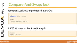 @jpbempel#LockFree @jpbempel#LockFree
ReentrantLock est implémenté avec CAS
Si CAS échoue => Lock déjà acquis
Compare-And-Swap: lock
volatile int state;
lock()
compareAndSet(0, 1);
unlock():
setState(0);
 