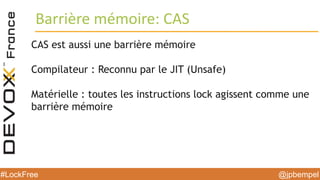 @jpbempel#LockFree @jpbempel#LockFree
CAS est aussi une barrière mémoire
Compilateur : Reconnu par le JIT (Unsafe)
Matérielle : toutes les instructions lock agissent comme une
barrière mémoire
Barrière mémoire: CAS
 