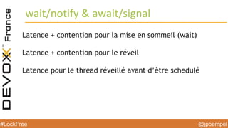 @jpbempel#LockFree @jpbempel#LockFree
Latence + contention pour la mise en sommeil (wait)
Latence + contention pour le réveil
Latence pour le thread réveillé avant d’être schedulé
wait/notify & await/signal
 