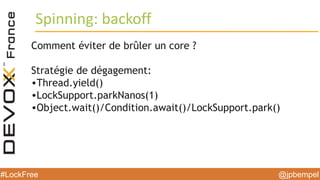 @jpbempel#LockFree @jpbempel#LockFree
Comment éviter de brûler un core ?
Stratégie de dégagement:
•Thread.yield()
•LockSupport.parkNanos(1)
•Object.wait()/Condition.await()/LockSupport.park()
Spinning: backoff
 