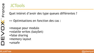@jpbempel#LockFree @jpbempel#LockFree
Quel intéret d’avoir des type queues différentes ?
=> Optimisations en fonction des cas :
•masque pour modulo
•volatile writes (lazySet)
•false sharing
•memory layout
•unsafe
JCTools
 