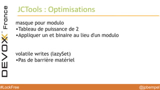 @jpbempel#LockFree @jpbempel#LockFree
masque pour modulo
•Tableau de puissance de 2
•Appliquer un et binaire au lieu d'un modulo
volatile writes (lazySet)
•Pas de barrière matériel
JCTools : Optimisations
 