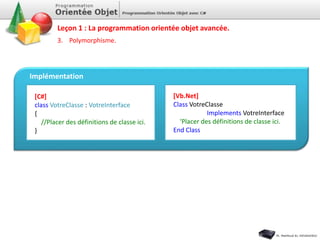 3. Polymorphisme.
Leçon 1 : La programmation orientée objet avancée.
[C#]
class VotreClasse : VotreInterface
{
//Placer des définitions de classe ici.
}
[Vb.Net]
Class VotreClasse
Implements VotreInterface
‘Placer des définitions de classe ici.
End Class
Implémentation
 