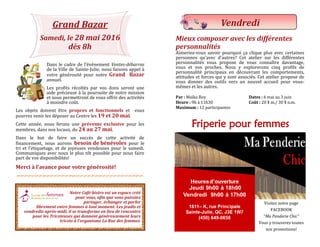 Grand Bazar
Samedi, le 28 mai 2016
dès 8h
Dans le cadre de l’evenement Ventes-débarras
de la Ville de Sainte-Julie, nous faisons appel a
votre generosite pour notre Grand Bazar
annuel.
Les profits recoltes par vos dons seront une
aide precieuse a la poursuite de notre mission
et nous permettront de vous offrir des activites
a moindre cout.
Les objets doivent etre propres et fonctionnels et vous
pourrez venir les deposer au Centre les 19 et 20 mai.
Cette annee, nous ferons une prévente exclusive pour les
membres, dans nos locaux, du 24 au 27 mai.
Dans le but de faire un succes de cette activite de
financement, nous aurons besoin de bénévoles pour le
tri et l’etiquetage, et de joyeuses vendeuses pour le samedi.
Communiquez avec nous le plus tot possible pour nous faire
part de vos disponibilites!
Merci à l’avance pour votre générosité!
Notre Café-bistro est un espace créé
pour vous, afin que vous puissiez
partager, échanger et parler
librement entre femmes à tout moment. Les jeudis et
vendredis après-midi, il se transforme en lieu de rencontre
pour les Tricoteuses qui donnent généreusement leurs
tricots à l’organisme La Rue des femmes.
Mieux composer avec les différentes
personnalités
Aimeriez-vous savoir pourquoi ça clique plus avec certaines
personnes qu’avec d’autres? Cet atelier sur les differentes
personnalites vous propose de vous connaître davantage,
vous et vos proches. Nous y explorerons cinq profils de
personnalite principaux en decouvrant les comportements,
attitudes et forces qui y sont associes. Cet atelier propose de
vous donner des outils vers un nouvel accueil pour vous-
memes et les autres.
Par : Maïka Roy Dates : 6 mai au 3 juin
Heure : 9h a 11h30 Coût : 20 $ m./ 30 $ n.m.
Maximum : 12 participantes
Vendredi
Friperie pour femmes
Visitez notre page
FACEBOOK
“Ma Penderie Chic”
Vous y trouverez toutes
nos promotions!
 