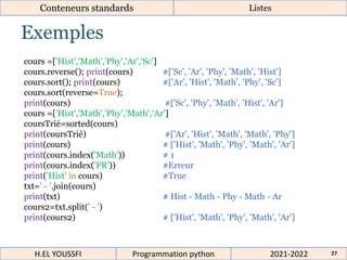 Exemples
Conteneurs standards Listes
cours =['Hist','Math','Phy','Ar','Sc']
cours.reverse(); print(cours) #['Sc', 'Ar', 'Phy', 'Math', 'Hist']
cours.sort(); print(cours) #['Ar', 'Hist', 'Math', 'Phy', 'Sc']
cours.sort(reverse=True);
print(cours) #['Sc', 'Phy', 'Math', 'Hist', 'Ar']
cours =['Hist','Math','Phy','Math',‘Ar']
coursTrié=sorted(cours)
print(coursTrié) #['Ar', 'Hist', 'Math', 'Math', 'Phy']
print(cours) # ['Hist', 'Math', 'Phy', 'Math', 'Ar']
print(cours.index('Math')) # 1
print(cours.index('FR')) #Erreur
print('Hist' in cours) #True
txt=' - '.join(cours)
print(txt) # Hist - Math - Phy - Math - Ar
cours2=txt.split(' - ')
print(cours2) # ['Hist', 'Math', 'Phy', 'Math', 'Ar']
2021-2022
H.EL YOUSSFI Programmation python 27
 
