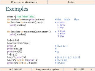Exemples
Conteneurs standards Listes
cours =['Hist','Math','Phy']
for matiere in cours: print(matiere) #Hist Math Phys
for i,matiere in enumerate(cours): #
print(i,matiere)
for i,matiere in enumerate(cours,start=1): #
print(i,matiere)
L=[4,2,6,1]
L.sort(reverse=True)
print(L) # [6, 4, 2, 1]
print(min(L)) #1
print(sum(L)) #13
L=[2,5,7]
L1=3*L; print(L1) # [2, 5, 7, 2, 5, 7, 2, 5, 7]
L2=[3*x for x in L]; print(L2) # [6, 15, 21]
print([3*x for x in L if x>2]) # [15, 21]
2021-2022
H.EL YOUSSFI Programmation python 28
 