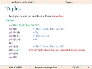 Tuples
Conteneurs standards Tuples
• Les tuples ne sont pas modifiables: Il sont immuables
Exemple
t =('Hist','Math','Phy','Ar','Sc')
print(t) #('Hist', 'Math', 'Phy', 'Ar', 'Sc')
print(t[2]) #Phy
print(t[2:]) #('Phy', 'Ar', 'Sc')
print(t[-2]) #Ar
t2=t
print(t2) #('Hist', 'Math', 'Phy', 'Ar', 'Sc')
t2[0]='Art' #Error: 'tuple' object does not support item assignment
print(t2)
print(t)
2021-2022
H.EL YOUSSFI Programmation python 32
 