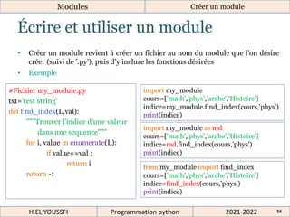 Écrire et utiliser un module
Modules Créer un module
2021-2022
H.EL YOUSSFI Programmation python 56
• Créer un module revient à créer un fichier au nom du module que l’on désire
créer (suivi de ’.py’), puis d’y inclure les fonctions désirées
• Exemple
#Fichier my_module.py
txt='test string'
def find_index(L,val):
"""Trouver l'indice d'une valeur
dans une sequence"""
for i, value in enumerate(L):
if value==val :
return i
return -1
import my_module
cours=['math','phys','arabe','Histoire']
indice=my_module.find_index(cours,'phys')
print(indice)
import my_module as md
cours=['math','phys','arabe','Histoire']
indice=md.find_index(cours,'phys')
print(indice)
from my_module import find_index
cours=['math','phys','arabe','Histoire']
indice=find_index(cours,'phys')
print(indice)
 