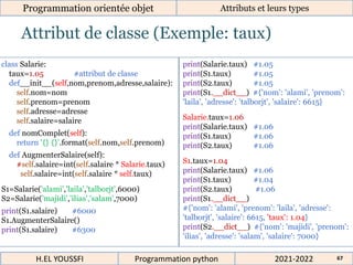 Attribut de classe (Exemple: taux)
Programmation orientée objet Attributs et leurs types
2021-2022
H.EL YOUSSFI Programmation python 67
class Salarie:
taux=1.05 #attribut de classe
def__init__(self,nom,prenom,adresse,salaire):
self.nom=nom
self.prenom=prenom
self.adresse=adresse
self.salaire=salaire
def nomComplet(self):
return '{} {}'.format(self.nom,self.prenom)
def AugmenterSalaire(self):
#self.salaire=int(self.salaire * Salarie.taux)
self.salaire=int(self.salaire * self.taux)
S1=Salarie('alami','laila','talborjt',6000)
S2=Salarie('majidi','ilias','salam',7000)
print(S1.salaire) #6000
S1.AugmenterSalaire()
print(S1.salaire) #6300
print(Salarie.taux) #1.05
print(S1.taux) #1.05
print(S2.taux) #1.05
print(S1.__dict__) #{'nom': 'alami', 'prenom':
'laila', 'adresse': 'talborjt', 'salaire': 6615}
Salarie.taux=1.06
print(Salarie.taux) #1.06
print(S1.taux) #1.06
print(S2.taux) #1.06
S1.taux=1.04
print(Salarie.taux) #1.06
print(S1.taux) #1.04
print(S2.taux) #1.06
print(S1.__dict__)
#{'nom': 'alami', 'prenom': 'laila', 'adresse':
'talborjt', 'salaire': 6615, 'taux': 1.04}
print(S2.__dict__) #{'nom': 'majidi', 'prenom':
'ilias', 'adresse': 'salam', 'salaire': 7000}
 