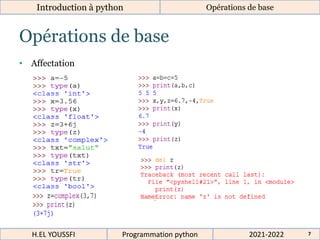 Opérations de base
• Affectation
Introduction à python Opérations de base
2021-2022
H.EL YOUSSFI Programmation python 7
 