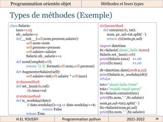 Types de méthodes (Exemple)
Programmation orientée objet Méthodes et leurs types
2021-2022
H.EL YOUSSFI Programmation python 70
class Salarie:
taux=1.05
nb_salarie=0
def__init__(self,nom,prenom,salaire):
self.nom=nom
self.prenom=prenom
self.salaire=salaire
Salarie.nb_salarie+=1
def nomComplet(self):
return '{} {}'.format(self.nom,self.prenom)
def AugmenterSalaire(self):
self.salaire=int(self.salaire * self.taux)
@classmethod
def set_taux(cls,val):
cls.taux=val
@staticmethod
def is_workday(date):
if date.weekday()==5 or date.weekday==6:
return False
return True
@classmethod
def extraire(cls, txt):
nom, pr, sal=txt.split('-')
return cls(nom,pr,sal)
import datetime
S1=Salarie('alami','laila',6000)
Salarie.set_taux(1.06)
print(Salarie.taux) #1.06
print(S1.taux) #1.06
dt=datetime.date(2018,9,22)
print(Salarie.is_workday(dt))
#False
txt1="alami-laila-7000"
txt2="majidi-imad-9000"
S1=Salarie.extraire(txt1)
print(S1.nom,":",S1.salaire)
nom,pr,sal=txt2.split('-')
S2=Salarie(nom,pr,sal)
print(S2.nom,":",S2.salaire)
 