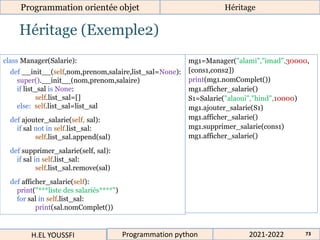 Héritage (Exemple2)
Programmation orientée objet Héritage
2021-2022
H.EL YOUSSFI Programmation python 73
class Manager(Salarie):
def __init__(self,nom,prenom,salaire,list_sal=None):
super().__init__(nom,prenom,salaire)
if list_sal is None:
self.list_sal=[]
else: self.list_sal=list_sal
def ajouter_salarie(self, sal):
if sal not in self.list_sal:
self.list_sal.append(sal)
def supprimer_salarie(self, sal):
if sal in self.list_sal:
self.list_sal.remove(sal)
def afficher_salarie(self):
print("***liste des salariés****")
for sal in self.list_sal:
print(sal.nomComplet())
mg1=Manager("alami","imad",30000,
[cons1,cons2])
print(mg1.nomComplet())
mg1.afficher_salarie()
S1=Salarie("alaoui","hind",10000)
mg1.ajouter_salarie(S1)
mg1.afficher_salarie()
mg1.supprimer_salarie(cons1)
mg1.afficher_salarie()
 