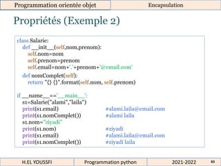 Propriétés (Exemple 2)
Programmation orientée objet Encapsulation
2021-2022
H.EL YOUSSFI Programmation python 83
class Salarie:
def __init__(self,nom,prenom):
self.nom=nom
self.prenom=prenom
self.email=nom+'.'+prenom+'@email.com'
def nomComplet(self):
return "{} {}".format(self.nom, self.prenom)
if __name__=='__main__':
s1=Salarie("alami","laila")
print(s1.email) #alami.laila@email.com
print(s1.nomComplet()) #alami laila
s1.nom="ziyadi"
print(s1.nom) #ziyadi
print(s1.email) #alami.laila@email.com
print(s1.nomComplet()) #ziyadi laila
 