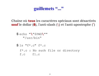 guillemets “...”
Chaîne où tous les caractères spéciaux sont désactivés
sauf le dollar ($), l'anti-slash () et l'anti-apos...