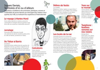 Square Daviais,                                                                    Délires de faciès                                  Vues sur
     Territoires d’ici ou d’ailleurs                                                    Les Cré’Alters                                     le monde
                                                                                        Marginaux, bobos, rigolos ou supers héros ?
                                                                                                                                           Himène Bettahi, Deborah
     Expositions, installations documentaires, plastiques, sonores et                   Bas les masques ! Les Cré’Alters vous invitent
                                                                                                                                           Alloan, Kévin Le Coq et
     multimédias de jeunes Nantais qui interrogent leur relation à leur                 à découvrir sans complexe et sans tabou
                                                                                                                                           Marjorie Trelohan
                                                                                        les créateurs d’alternatives nantais.
     quartier, leur ville, ou restituent leur expérience à l’internationale.                                                               Expo-installation autour
                                                                                                                                           du thème « Etre jeune
                                                                                                                                           et vivre au Sénégal ».
     Le voyage à Nantes Nord
     Entre vidéos, joysticks et arduino, prenez les
     commandes et naviguez dans les quartiers nord
     de la ville via un parcours multimédia interactif !
                                                                                                                                           Taxiphone :
                                                                                                                                           fenêtres
     Jumelage                                                                                                                              sonores sur
     Association pour L’Education Visuelle                                                                                                 nos voisins
     Une sélection du dernier marathon photo entre
     les villes de Nantes, Sarrebrück et Tbilissi.
                                                                                        Les bruits de la rue                               Etrange Miroir
                                                                                                                                           Entrez dans une cabine,
                                                                                        Amandine Provost et Les Amarts’etc
                                                                                                                                           décrochez le combiné
                                                                                        Amandine Provost questionne ses proches
                                                                                                                                           et écoutez des petites
                                                                                        sur leurs préoccupations professionnelles
                                                                                                                                           capsules sonores
     Du Tiékar al Barrio                                                                et politiques à l’heure de la mondialisation.
                                                                                        Cette installation audiovisuelle fusionne son
                                                                                                                                           restituant la rencontre
     Kouakilariv                                                                                                                           entre les membres de
                                                                                        expérience vécue entre l’Argentine (San Miguel
     Exposition photo réalisée dans les quartiers de                                                                                       l’association Etrange Miroir
                                                                                        de Tucumán) et la France (Nantes) pour mieux
     Malakoﬀ et de San Luis Potosi. L’objectif est de                                                                                      et les familles Roms
     présenter un projet d’échange où cinq jeunes          Caricatures                  interroger les diﬀérentes facettes du monde
                                                                                        contemporain liées aux changements sociaux
                                                                                                                                           installées à Montaigu.
     nantais et mexicains découvriront leurs cultures      Yassin Latrache              de ces deux pays, et plus généralement les
     et territoires respectifs.                            Une exposition de dessins    pratiques artistiques de l’industrie des médias.
                                                           d’un jeune autodidacte qui
                                                           souhaite apporter son
                                                           regard sur la ville.




16                                                                                                                                                                        17
 