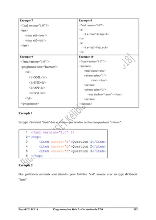 Faycel CHAOUA Programmation Web 2 – Correction du TD4 113
Exemple 7 Exemple 8
Exemple 9 Exemple 10
Exemple 1
Le type d'élément "item" doit se terminer par la balise de fin correspondante "</item>".
Exemple 2
Des guillemets ouvrants sont attendus pour l'attribut "val" associé avec un type d'élément
"item".
 
