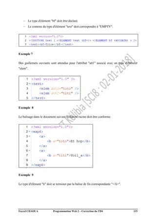 Faycel CHAOUA Programmation Web 2 – Correction du TD4 115
 Le type d'élément "bf" doit être déclaré.
 Le contenu du type d'élément "text" doit correspondre à "EMPTY".
Exemple 7
Des guillemets ouvrants sont attendus pour l'attribut "att1" associé avec un type d'élément
"elem".
Exemple 8
Le balisage dans le document suivant l'élément racine doit être conforme.
Exemple 9
Le type d'élément "li" doit se terminer par la balise de fin correspondante "</li>".
 