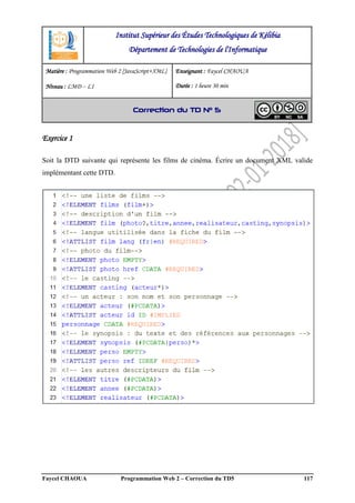 Faycel CHAOUA Programmation Web 2 – Correction du TD5 117
Exercice 1
Soit la DTD suivante qui représente les films de cinéma. Écrire un document XML valide
implémentant cette DTD.
Institut Supérieur des Études Technologiques de Kélibia
Département de Technologies de l'Informatique
Matière : Programmation Web 2 [JavaScript+XML]
Niveau : LMD ‒ L1
Enseignant : Faycel CHAOUA
Durée : 1 heure 30 min
Correction du TD N° 5
 