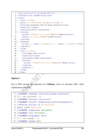 Faycel CHAOUA Programmation Web 2 – Correction du TD5 118
Exercice 2
Soit la DTD suivante qui représente une CDthèque. Écrire un document XML valide
implémentant cette DTD.
 
