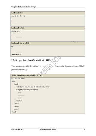 Chapitre 2 : Syntaxe du JavaScript
Faycel CHAOUA Programmation Web 2 5
La boucle for
for (i=0; i<5; i++)
{
...............
}
La boucle while
while (a<b)
{
...............
}
La boucle do … while
do
{
...............
}while (a<b)
2.2. Scripts dans l'en-tête du fichier HTML
Tout script est encadré des balises <script> </script>, on précise également le type MIME
grâce à l'attribut type :
Script dans l'en-tête du fichier HTML
<!DOCTYPE html>
<html>
<head>
<title>Script dans l’en-tête du fichier HTML</title>
<script type="text/javascript">
<!—
...............
//-->
</script>
</head>
<body>
</body>
</html>
 