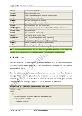Chapitre 3 : Les événements JavaScript
Faycel CHAOUA Programmation Web 2 11
onblur quand l'élément perd le focus.
onfocus quand l'élément a le focus.
onchange quand l'élément perd le focus et que son contenu a changé.
onsubmit juste avant l'envoi d'un formulaire.
onreset lors de la réinitialisation du formulaire.
onselect quand le contenu d'un élément est sélectionné.
onscroll lors de l'utilisation de la barre de défilement.
onbeforeprint avant l'impression (après le clic sur le bouton Ok de la fenêtre d'impression).
onafterprint après l'impression.
oncopy lors du copier vers le presse-papier.
onpaste lors du coller depuis le presse-papier.
ondragdrop lors d’un glisser-déposer sur la fenêtre du navigateur.
onerror lorsqu'une erreur apparaît durant le chargement de la page.
onresize lorsque la fenêtre du navigateur est redimensionnée.
onabort lorsque le chargement de l'image est interrompu.
NB : Chaque événement ne peut pas être associé à n'importe quel objet. Il est évident par
exemple qu'un événement onchange ne pourra pas s'appliquer à un lien hypertexte.
3.3. L’objet event
Il arrive souvent que l'un des arguments de la fonction appelée lors d'un événement soit l'objet
event (gestionnaire des événements). Le cas le plus classique est lorsque l'on veut connaître
la position de la souris.
Avec IE, l'objet event est contenu dans l'objet window : window.event. Avec Firefox ou
Netscape, l'objet event est généré lors d'un événement (onclick par exemple) à la seule
condition que celui-ci soit inclus dans la balise HTML. Par conséquent, pour récupérer
l'événement produit, il faut que l'objet event soit un paramètre de la fonction.
Récupération de l'événement produit dans la page Web
<!DOCTYPE html>
<html>
<head>
<title>Récupération de l'événement produit dans la page Web</title>
<script type="text/javascript">
function position(ev)
{
 
