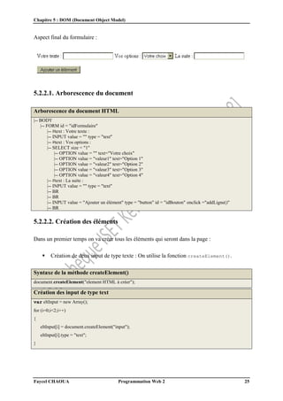 Chapitre 5 : DOM (Document Object Model)
Faycel CHAOUA Programmation Web 2 25
Aspect final du formulaire :
5.2.2.1. Arborescence du document
Arborescence du document HTML
|-- BODY
|-- FORM id = "idFormulaire"
|-- #text : Votre texte :
|-- INPUT value = "" type = "text"
|-- #text : Vos options :
|-- SELECT size = "1"
|-- OPTION value = "" text="Votre choix"
|-- OPTION value = "valeur1" text="Option 1"
|-- OPTION value = "valeur2" text="Option 2"
|-- OPTION value = "valeur3" text="Option 3"
|-- OPTION value = "valeur4" text="Option 4"
|-- #text : La suite :
|-- INPUT value = "" type = "text"
|-- BR
|-- BR
|-- INPUT value = "Ajouter un élément" type = "button" id = "idBouton" onclick ="addLigne()"
|-- BR
5.2.2.2. Création des éléments
Dans un premier temps on va créer tous les éléments qui seront dans la page :
 Création de deux input de type texte : On utilise la fonction createElement().
Syntaxe de la méthode createElement()
document.createElement("element HTML à créer");
Création des input de type text
var eltInput = new Array();
for (i=0;i<2;i++)
{
eltInput[i] = document.createElement("input");
eltInput[i].type = "text";
}
 