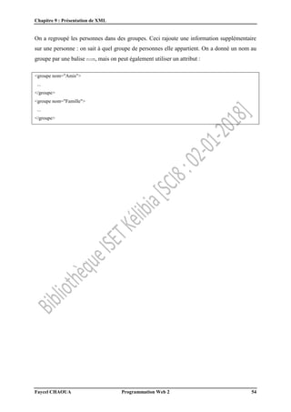 Chapitre 9 : Présentation de XML
Faycel CHAOUA Programmation Web 2 54
On a regroupé les personnes dans des groupes. Ceci rajoute une information supplémentaire
sur une personne : on sait à quel groupe de personnes elle appartient. On a donné un nom au
groupe par une balise nom, mais on peut également utiliser un attribut :
<groupe nom="Amis">
...
</groupe>
<groupe nom="Famille">
...
</groupe>
 