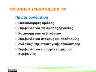 Πρώτη συνάντηση
 Εποικοδόμηση ομάδας
 Συμφωνία για τις ομάδες εργασίας
 Κατανομή των καθηκόντων
 Συμφωνία για στόχους και προθεσμίες
 Ανάπτυξη της στρατηγικής αξιολόγησης
 Συμφωνία για τις τυχόν επιμέρους
συμφωνίες
20
ΟΡΓΑΝΩΣΗ ΣΥΝΑΝΤΗΣΕΩΝ Ι/ΙV
 