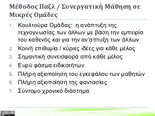 Μέθοδος Παζλ / Συνεργατική Μάθηση σε
Μικρές Ομάδες
1. Κουλτούρα Ομάδας: η ανάπτυξη της
τεχνογνωσίας των άλλων με βάση την εμπειρία
του καθενός και για την αν’απτυξη των άλλων
2. Κοινή επιθυμία / κύριες ιδέες για κάθε μέλος
3. Σημαντική συνεισφορά από κάθε μέλος
4. Ευρύ φάσμα ειδικοτήτων
5. Πλήρη αξιοποίηση του εγκεφάλου των μαθητών
6. Πλήρη αξιοποίηση της φαντασίας
7. Σύντομο χρονικό διάστημα
 