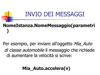 INVIO DEI MESSAGGI NomeIstanza.NomeMessaggio(parametri) Per esempio, per inviare all’oggetto  Mia_Auto di classe automobile  il messaggio che richiede di aumentare la velocità si scrive: Mia_Auto.accelera(v) 