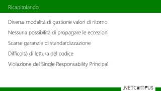 Diversa modalità di gestione valori di ritorno
Nessuna possibilità di propagare le eccezioni
Scarse garanzie di standardizzazione
Difficoltà di lettura del codice
Violazione del Single Responsability Principal
Ricapitolando
 