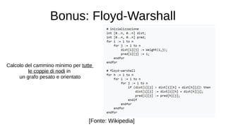 Bonus: Floyd-Warshall
[Fonte: Wikipedia]
Calcolo del cammino minimo per tutte
le coppie di nodi in
un grafo pesato e orientato
 