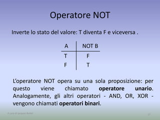 Operatore NOT
Inverte lo stato del valore: T diventa F e viceversa .
17
T
F
F
T
A NOT B
L’operatore NOT opera su una sola proposizione: per
questo viene chiamato operatore unario.
Analogamente, gli altri operatori - AND, OR, XOR -
vengono chiamati operatori binari.
A cura di Jacques Bottel
 