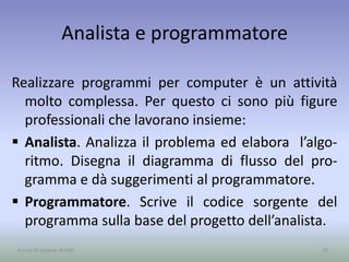 Analista e programmatore
Realizzare programmi per computer è un attività
molto complessa. Per questo ci sono più figure
professionali che lavorano insieme:
 Analista. Analizza il problema ed elabora l’algo-
ritmo. Disegna il diagramma di flusso del pro-
gramma e dà suggerimenti al programmatore.
 Programmatore. Scrive il codice sorgente del
programma sulla base del progetto dell’analista.
19A cura di Jacques Bottel
 