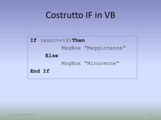 Costrutto IF in VB
29A cura di Jacques Bottel
If (anni>=18)Then
MsgBox “Maggiorenne“
Else
MsgBox “Minorenne“
End If
 