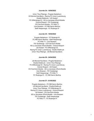 7
Journée 24 - 10/04/2022
Union Titus Pétange - Progrès Niederkorn
US Mondorf-les-Bains - Racing FC Union Luxembourg
Etzella Ettelbruck - US Hostert
FC Differdange 03 - AS La Jeunesse d'Esch/Alzette
Victoria Rosport - F91 Dudelange
CS Fola Esch-Alzette - FC Wiltz 71
Una Strassen - FC RM Hamm Benfica
Swift Hesperange - FC Rodange 91
Journée 25 - 16/04/2022
Progrès Niederkorn - FC Rodange 91
FC RM Hamm Benfica - Swift Hesperange
FC Wiltz 71 - Una Strassen
F91 Dudelange - CS Fola Esch-Alzette
AS La Jeunesse d'Esch/Alzette - Victoria Rosport
US Hostert - FC Differdange 03
Racing FC Union Luxembourg - Etzella Ettelbruck
Union Titus Pétange - US Mondorf-les-Bains
Journée 26 - 24/04/2022
US Mondorf-les-Bains - Progrès Niederkorn
Etzella Ettelbruck - Union Titus Pétange
FC Differdange 03 - Racing FC Union Luxembourg
Victoria Rosport - US Hostert
CS Fola Esch-Alzette - AS La Jeunesse d'Esch/Alzette
Una Strassen - F91 Dudelange
Swift Hesperange - FC Wiltz 71
FC Rodange 91 - FC RM Hamm Benfica
Journée 27 - 01/05/2022
Progrès Niederkorn - FC RM Hamm Benfica
US Mondorf-les-Bains - Etzella Ettelbruck
Union Titus Pétange - FC Differdange 03
Racing FC Union Luxembourg - Victoria Rosport
US Hostert - CS Fola Esch-Alzette
AS La Jeunesse d'Esch/Alzette - Una Strassen
F91 Dudelange - Swift Hesperange
FC Wiltz 71 - FC Rodange 91
 
