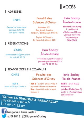 ACCÈS
ADRESSES
Contact LA DIAGONALE PARIS-SACLAY
jep@ladiagonale.fr01 69 15 35 89
CNRS
Avenue de la terrasse
Campus du CNRS
GIF-SUR-YVETTE
Faculté des
Sciences d’Orsay
Bâtiment 201
Rue André Ampère
ORSAY / BURES-SUR-YVETTE
Et pour le Verger :
En face du bâtiment 360
Inria Saclay
Île-de-France
Bâtiment Alan Turing
1 rue Honoré
d’Estiennes d’Orves
Campus de l’École
Polytechnique
PALAISEAU
TRANSPORTS EN COMMUN
Diagonale Paris Saclay
#JEP2013 @DiagonaleSaclay
RÉSERVATIONS
CNRS
communication@dr4.cnrs.fr
01 69 82 33 07
Inria Saclay
Île-de-France
www.inria.fr/centre/saclay/
journees-patrimoine-2013
01 72 92 59 76
Faculté des
Sciences d’Orsay
CNRS Inria Saclay
Île-de-France
RER B
arrêt « Gif-sur-Yvette »
RER B - arrêt « Orsay Ville »
ou arrêt « Bures-sur-Yvette »
Bus - Ligne 06 arrêt « Jean
Monnet »
RER B - arrêt Massy
Palaiseau
puis Bus 91-06 (B ou C)
arrêt « Polytechnique
Laboratoire »
 