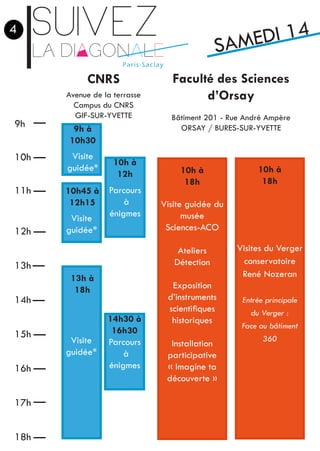 Découvrez le patrimoine scientiﬁque du Plateau de Saclay
SAMEDI 14
DIMANCHE 15
SEPTEMBRE 2013
Paris-Saclay
SAMEDI 14
9h
10h
11h
12h
13h
14h
15h
16h
17h
18h
CNRS
Avenue de la terrasse
Campus du CNRS
GIF-SUR-YVETTE
Faculté des Sciences
d’Orsay
Bâtiment 201 - Rue André Ampère
ORSAY / BURES-SUR-YVETTE9h à
10h30
10h45 à
12h15
10h à
12h
13h à
18h
14h30 à
16h30
Visite
guidée*
Visite
guidée*
Parcours
à
énigmes
Parcours
à
énigmes
Visite
guidée*
4
10h à
18h
Visites du Verger
conservatoire
René Nozeran
Entrée principale
du Verger :
Face au bâtiment
360
10h à
18h
Visite guidée du
musée
Sciences-ACO
Ateliers
Détection
Exposition
d’instruments
scientifiques
historiques
Installation
participative
« Imagine ta
découverte »
 