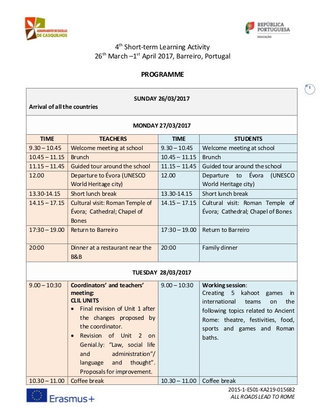 2015-1-ES01-KA219-015682
ALL ROADS LEAD TO ROME
1
4th
Short-term Learning Activity
26th
March –1st
April 2017, Barreiro, P...
