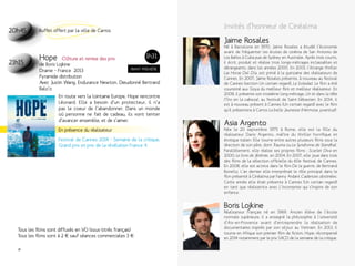 20h45 
21h15 
Invités d’honneur de Cinéalma 
Jaime Rosales 
Né à Barcelone en 1970, Jaime Rosales a étudié l’économie 
avant de fréquenter les écoles de cinéma de San Antonio de 
Los Baños à Cuba puis de Sydney en Australie. Après trois courts, 
il écrit, produit et réalise trois longs-métrages inclassables et 
dérangeants, dans les années 2000. En 2003, l’étrange thriller 
Las Horas Del Día, est primé à la quinzaine des réalisateurs de 
Cannes. En 2007, Jaime Rosales présente, à nouveau au festival 
de Cannes (section Un certain regard), La Soledad. Le film a été 
couronné aux Goya du meilleur film et meilleur réalisateur. En 
2008, il présente son troisième long-métrage, Un tir dans la tête 
(Tiro en la cabeza), au festival de Saint-Sébastien. En 2014, il 
est à nouveau présent à Cannes (Un certain regard) avec le film 
qu’il présentera à Carros La belle Jeunesse (Hermosa juventud). 
Asia Argento 
Née le 20 septembre 1975 à Rome, elle est la fille du 
réalisateur Dario Argento, maître du thriller horrifique et 
érotique italien. Elle tourne entre autres plusieurs films sous la 
direction de son père, dont Trauma ou Le Syndrome de Stendhal. 
Parallèlement, elle réalise ses propres films : Scarlet Diva en 
2000, Le livre de Jérémie, en 2004, En 2007, elle joue dans trois 
des films de la sélection officielle du 60e festival de Cannes. 
En 2008, elle est actrice dans le film De la guerre, de Bertrand 
Bonello. L’an dernier elle interprétait le rôle principal dans le 
film présenté à Cinéalma par Fanny Ardant Cadences obstinées. 
Cette année elle était présente à Cannes (Un certain regard) 
en tant que réalisatrice avec L’incomprise qui s’inspire de son 
enfance. 
Boris Lojkine 
Réalisateur français né en 1969. Ancien élève de l’école 
normale supérieure, il a enseigné la philosophie à l’université 
d’Aix-en-Provence avant d’entreprendre la réalisation de 
documentaires inspirés par son séjour au Vietnam. En 2013, il 
tourne en Afrique son premier film de fiction, Hope, récompensé 
en 2014 notamment par le prix SACD de la semaine de la critique. 
Buffet offert par la ville de Carros 
1h31 
Hope Clôture et remise des prix 
de Boris Lojkine 
Drame – France 2013 
Avant-première 
Pyramide distribution 
Avec Justin Wang, Endurance Newton, Dieudonné Bertrand 
Balo’o 
En route vers la lointaine Europe, Hope rencontre 
Léonard. Elle a besoin d’un protecteur, il n’a 
pas le coeur de l’abandonner. Dans un monde 
où personne ne fait de cadeau, ils vont tenter 
d’avancer ensemble, et de s’aimer. 
En présence du réalisateur 
Festival de Cannes 2014 - Semaine de la critique, 
Grand prix et prix de la révélation France 4. 
Tous les films sont diffusés en VO (sous-titrés français) 
Tous les films sont à 2 € sauf séances commerciales 3 € 
24 25 
 