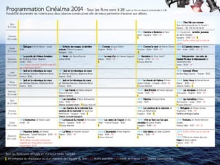 Programmation Cinéalma 2014 - Tous les films sont à 2€ (sauf un film en séance commerciale à 3 €) 
Possibilité de prendre les tickets pour deux séances consécutives afin de mieux permettre d’assister aux débats. 
Jeudi 
9 octobre 
20h30 Dino fait son crooner 
Spectacle proposé par le forum J. 
Prévert - Tél. 04 93 08 76 07 
Vendredi 
10 octobre 
18h45 Carmina o Revienta de Paco 
Leon - Espagne - 1h10 - IN 
R 
21h Ouverture - La belle jeunesse 
de Jaime Rosales 
Espagne - 1h43 - AP - R 
23h30 Buffet offert par la ville de 
Carros 
Samedi 
11 octobre 
10h Épilogue d’Amir Manor - Israël 
1h36 
14h Enfants des nuages, la dernière 
colonie d’Alvaro Longoria 
Espagne - 1h21 
16h L’oranais de Lyes Salem 
Algérie - 2h08 - AP 
18h45 Comme le vent de Marco Simon 
Puccioni - Italie - 1h56 - SC 
R 
21h15 Il Capitale Umano de Paolo 
Virzi - Italie - 1h50 - AP - SC 
Dimanche 
12 octobre 
10h Le procès de Viviane Amsalem 
de Sholmi et Ronit Elkabetz 
Israël - 1h55 
12h15 Repas convivial (paëlla) organisé 
par Cinéactions (10 €) 
14h Xenia - de Panos Koutras 
Grèce 2h08 
16h30 Le veau d’or de Hassan Legzouli 
Maroc - 1h30 - AP 
R 
19h Geronimo de Tony Gatlif 
France - 1h45 - AP - SC 
R (sous réserve) 
21h15 Mezzanotte - Les nuits de 
Davide (Piu biuo di Mezzanote) de 
Sebastiano Riso 
Italie - 1h34 - AP 
R 
Lundi 
13 octobre 
9h Jack et la mécanique du coeur 
de Mathias Malzieu, Stéphane Berla 
France - 1h33 
14h Jack et la mécanique du coeur 
de Mathias Malzieu, Stéphane Berla 
France - 1h33 
19h30 Sommeil d’hiver 
de Nuri Bilge Ceylan - Turquie - 3h15 
Mardi 
14 octobre 
9h Jack et la mécanique du coeur 
de Mathias Malzieu, Stéphane Berla 
France - 1h33 
9h Jack et la mécanique du coeur 
de Mathias Malzieu, Stéphane Berla 
France - 1h33 
18h45 Le chemin de Halima d’Arsen 
Anton Ostojic - Croatie - 1h33 - IN 
R (sous réserve) 
20h45 Sotto Voce de Kamal Kamal 
Maroc - 1h40 - IN 
Séance Opéra - R 
Mercredi 
15 octobre 
14h30 Les Francis de Fabrice Begotti 
France (Corse) - 1h25 
Séance seniors 
18h45 Libre (Horba) de Moez Kamoun 
Tunisie - 1h35 - IN 
R 
20h30 Les terrasses de Merzak 
Allouache - Algérie - 1h31 - AP 
R 
Jeudi 
16 octobre 
14h Les merveilles d’Alice Rohrwacher 
Italie - 1h50 - AP 
Séance scolaire italien - R (sous réserve) 
18h45 Palerme d’Emma Dante 
Italie - 1h34 
20h45 Les merveilles d’Alice 
Rohrwacher - Italie - 1h50 - AP 
R (sous réserve) 
Vendredi 
17 octobre 
14h Les chemins de la mémoire (Los 
caminos de la memoria) de José Luis 
Peñafuerte - Espagne - 1h36 - R 
Séance scolaire espagnol 
18h45 Los caminos de la memoria de 
José Luis Peñafuerte 
Espagne - 1h36 - R 
21h Refugiado de Diego Lerman 
Argentine - 1h35 - AP 
Fenêtre amérique latine 
Samedi 
18 octobre 
10h L’institutrice de Nadav Lapid 
Israël - 2h 
14h La blessure (La Herida) de Fernando 
Franco - Espagne - 1h38 - IN 
R (sous réserve) 
16h30 Les raisins de l’espoir de Bay 
Okan - France/Turquie - 1h30 
R 
19h00 Vivir es facil con los ojos 
cerrados de David Trueba 
Espagne - 1h48 - IN 
R 
21h15 Timbuktu de Abderrahmane 
Sissako 
France, Mali - 1h37 - AP - SC 
Dimanche 
19 octobre 
10h Palestine Stéréo de Rashid 
Masharawi - Tunisie/Palestine - 1h30 - IN 
R (sous réserve) 
12h15 Repas convivial (couscous) 
organisé par Association culturelle 
musulmane : 10 € 
14h La fièvre de Hicham Ayouch 
Maroc - 1h30 - AP 
R 
16h30 L’incomprise d’Asia Argento 
Italie - 1h43 - AP 
R (sous réserve) 
18h45 Exit Maroc de Sean Guillete 
Maroc - 1h26 - AP 
R 
20h45 Buffet offert par la ville de 
Carros 
21h15 Clôture et remise des prix 
Hope de Boris Lojkine 
France - 1h31 - AP 
R 
Tous les films sont diffusés en VO (sous-titrés français) 
R En présence du réalisateur ou d’un membre de l’équipe du film - AP Avant première – IN Inédit en France – SC Séance commerciale 
6 7 
 