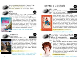 12h15 
Repas convivial (paëlla) organisé par Cinéactions (10 €) 
Sous le chapiteau à l’entrée de la salle J. Gréco. 
Réservation sur place le jour même à partir de 9h30. 
14h Xenia 
2h08 
de Panos Koutras 
Comédie dramatique – Grèce - 2014 - Pyramide distribution 
Avec Kostas Nikouli, Nikos Gelia, Yannis Stankoglou 
À la mort de leur mère, Dany et son frère Odysseas, 
16 et 18 ans, prennent la route d’Athènes pour 
retrouver leur père, un Grec qu’ils n’ont jamais connu. 
Albanais par leur mère, ils sont étrangers dans leur 
propre pays et veulent que ce père les reconnaisse 
pour obtenir la nationalité grecque. Dany et Ody 
se sont aussi promis de participer à un concours de 
chant qui pourrait rendre leur vie meilleure. 
Festival de Cannes 2014 : Un certain regard. 
16h30 
Le veau d’or 
de Hassan Legzouli 
Comédie dramatique - Maroc - 1h30 
1h46 
Avant-première 
Envoyé par son père dans un petit village de l’Atlas 
marocain où celui-ci espère le voir s’assagir, Sami, 
17 ans, veut absolument rentrer en France avant 
sa majorité pour obtenir la nationalité française et 
retrouver Mélanie, son amoureuse. Lui et son cousin 
Azadade volent alors dans une ferme appartenant 
au roi du Maroc un boeuf qu’ils essaient de vendre 
pour payer la traversée. 
En présence du réalisateur 
Avant première mondiale - Hassan Legsouli était 
présent à Cinéalma en 2005 avec son film Tenia. 
Dacehimn 12 bceoort 1h45 
19h 
Geronimo 
de Tony Gatlif - Comédie dramatique 
France 2014 - Les films du losange 
Avec Céline Sallette, Rachid Youcef, David Murgia 
Avant-première 
SÉANCE COMMERCIALE 
Sud de la France. Dans la chaleur du mois d’août, 
Geronimo, une jeune éducatrice veille à apaiser les 
tensions entre les jeunes du quartier Saint Pierre. 
Tout bascule quand Nil Terzi, une adolescente 
d’origine turque s’échappe de son mariage forcé 
pour retrouver son amoureux, Lucky Molina, un 
jeune gitan. Leur fuite met le feu aux poudres 
aux deux clans. Lorsque l’affrontement éclate 
en joutes et battles musicales, Geronimo va tout 
tenter pour arrêter la folie qui embrase le quartier. 
En présence d’un acteur (sous réserve) 
Festival de Cannes 2014 : séance spéciale. 
21h15 Mezzanotte - Les nuits de Davide 
(Più buio di Mezzanotte) 
de Sebastiano Riso - Comédie dramatique 
Italie – 2014 - Outplay 
1h34 
Avant-première 
Avec D. Capone, M. Ramazzotti, M. Guerritore, V. Amato 
Davide est un adolescent à part et à l’allure très 
féminine. Il a 14 ans quand il abandonne sa maison. 
Son intuition le fait choisir comme refuge la Villa 
Bellini, un parc de Catane. Ce parc est un monde en 
soi, habité par des marginalisés que la ville préfère 
ignorer. Au moment où son passé le rattrape, Davide 
va devoir prendre seul la décision la plus dure de sa 
vie, sans aucune échappatoire. 
En présence du réalisateur 
Festival de Cannes 2014 - Semaine de la Critique. 
12 13 
 