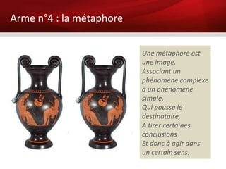 Arme n°4 : la métaphore


                          Une métaphore est
                          une image,
                          Associant un
                          phénomène complexe
                          à un phénomène
                          simple,
                          Qui pousse le
                          destinataire,
                          A tirer certaines
                          conclusions
                          Et donc à agir dans
                          un certain sens.
 