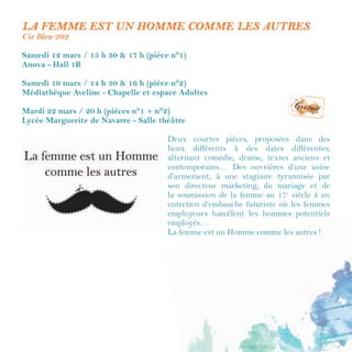 25
Ci
némaA
ctrices Films Jeux
P
rojecteursSc
énario Cadrage
Projecteurs Scénario Cadra
ge
BandeannonceFilms
P
elliculeT
apisrouge
CaméraArtetEssai
GénériqueMétrage
B
ox-officeSortieensalle
Court-métrageJ
eu
x
Catou
rne Actrices
Proj
ectionnist
e Cinéma
P
rojectionniste C
inéma
Cast
ingCinéasteC
a
drage
M
ette
ur en scène Films
C
améra Moteur Coup
ez
P
ellicule Scénario
A
rt
Costumes A
ction
Actric
es Cinéma
Métrage
C
ourt-métrage Cinéaste
C ostumes A
c
tionFilms
Pop-
C
orneSo
rtie en salle
P
elliculeB
o
x-office
CastingR
é
alisatrice
Film
ogra
phie
FilmCinéma
Produ
ctriceA
ctrices
Bande
A
ctrices
"Le cabaret improvisé des palmés d'or"
Cie
Ces Dames Disent
À 20 h 30
Une équipe de comédiens, rassemblés pour l'occasion, improvisent
sur le thème du cinéma et tentent à leur tour de sortir palmés.
S'inspirant de séquences cinématographiques mythiques, ces
performeurs de la répartie, de l'imagination et de la jubilation,
entraînent le public dans une soirée interactive, fusionnant la tension
du match d'impro à la folle énergie du burlesque.
Retrouvez l’intégralité du programme actualisé sur www.ville-alencon.fr
et suivez le festival en direct sur Facebook et Flickr.
 